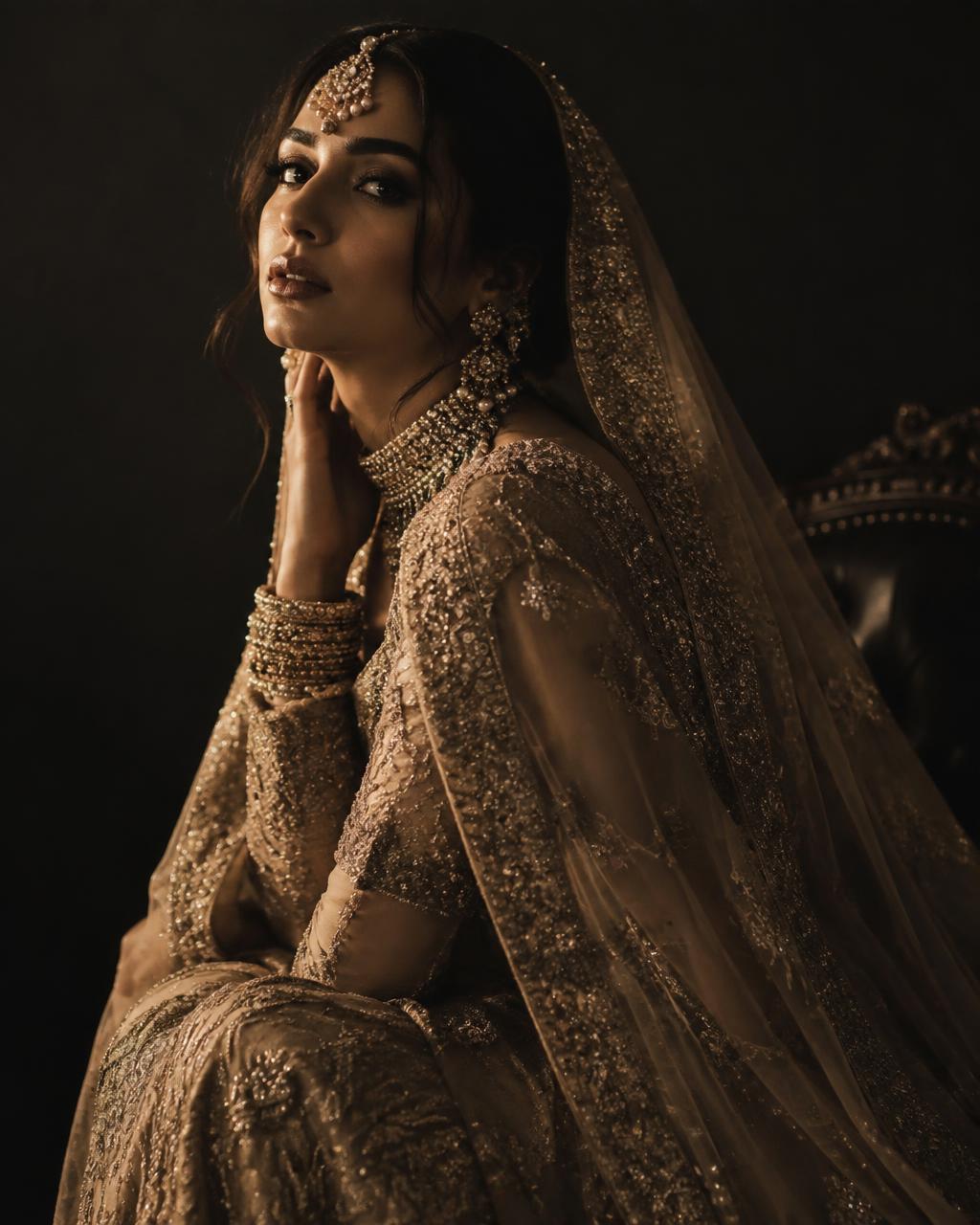 Bride in couture photographed in warm low light